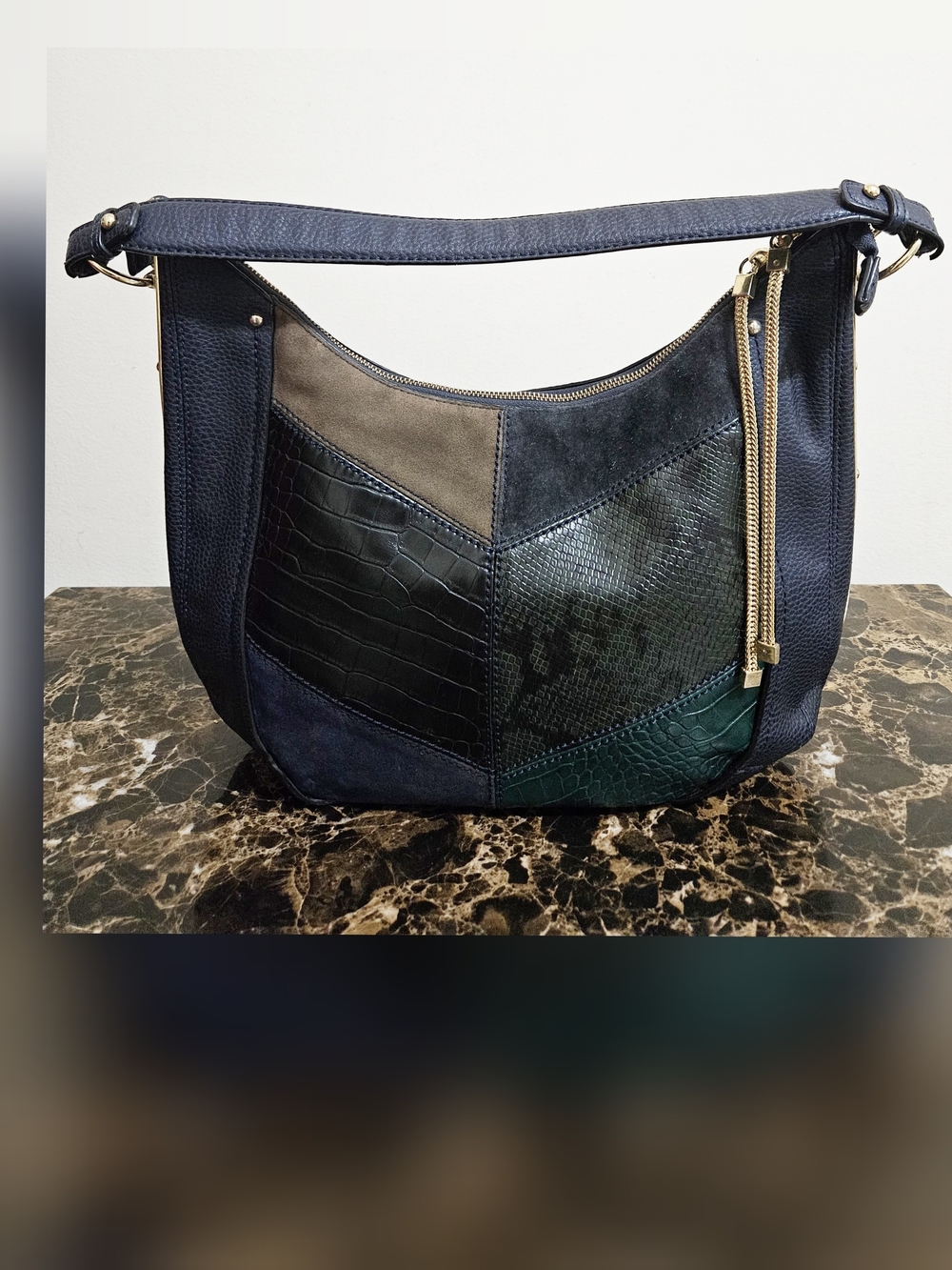 ALDO Navy & Green Patchwork Hobo Bag With Gold Zippers